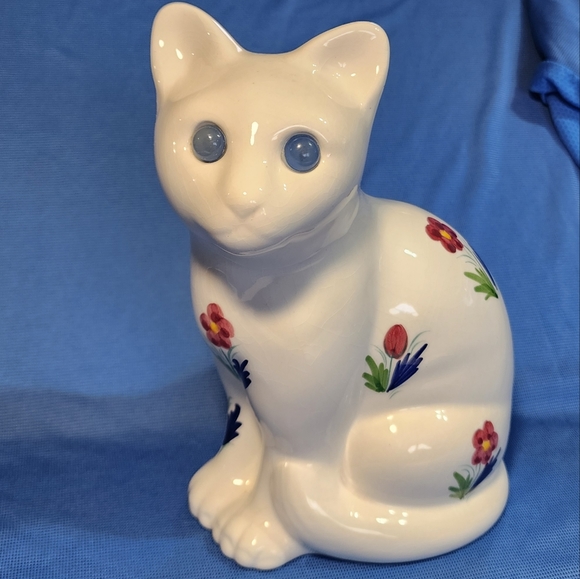 Vtg Ceramic White Kitty Cat Art Elpa Alcobaca Portuguese Hand Painted Flowers - Picture 2 of 10